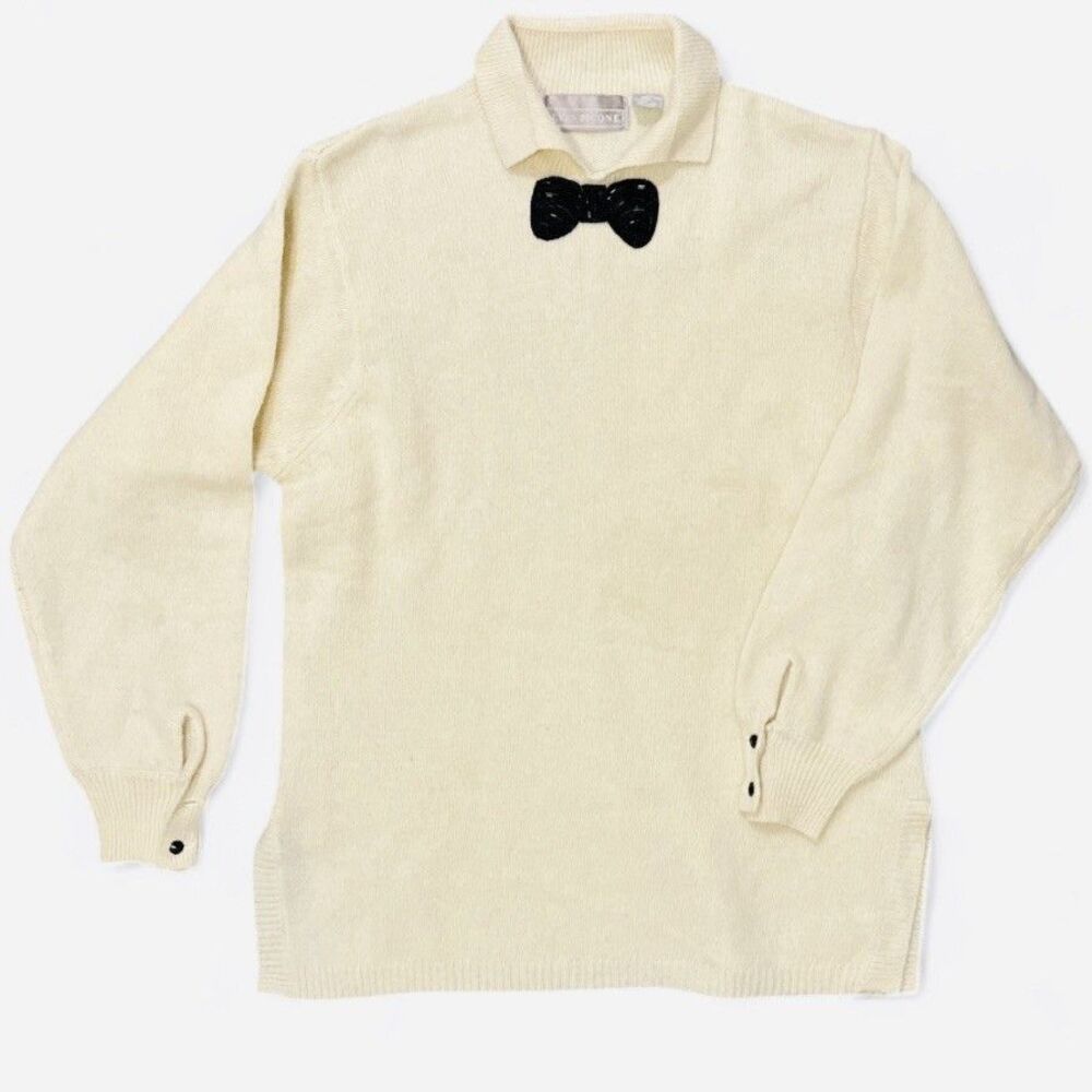 Vintage Evan Picone Angora Lambs Wool Sweater Women’s Medium Beaded Bow Cream